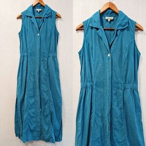 Vintage MONTEREY BAY women's tencel & linen teal blue button front shirt dress